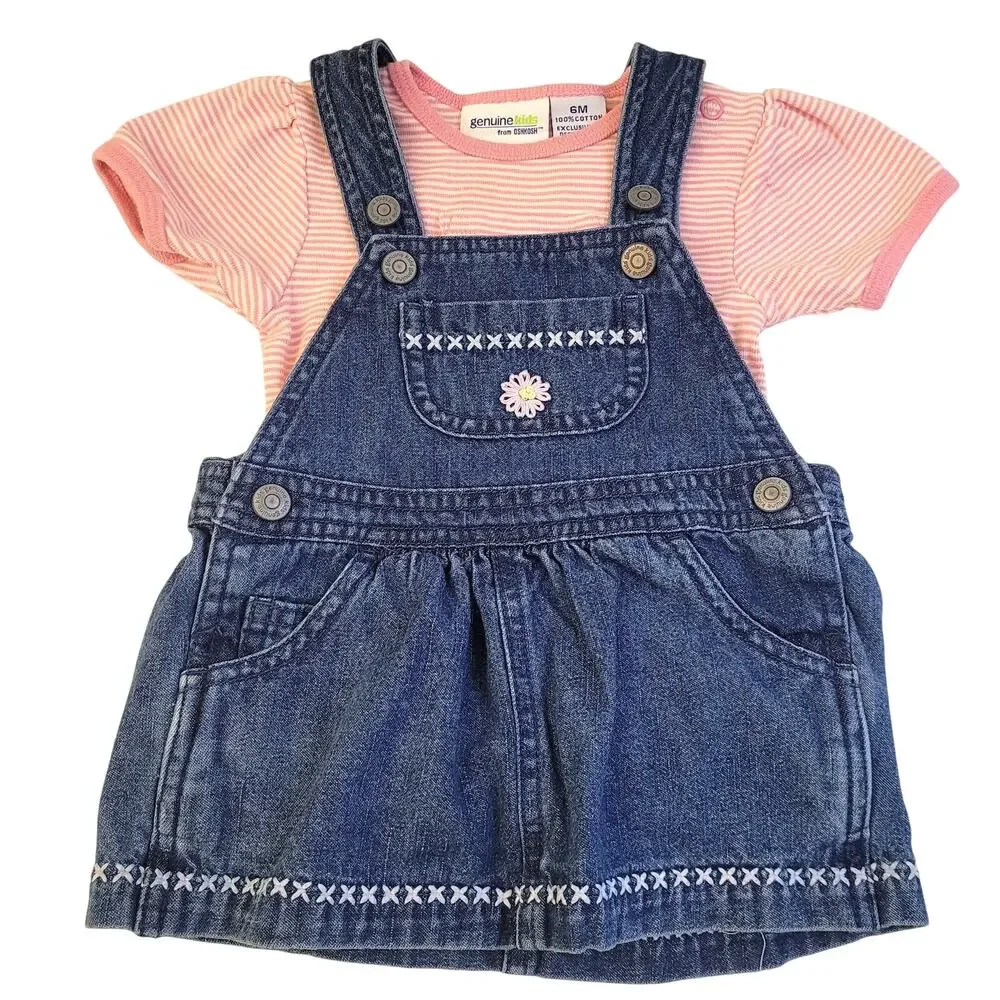 Genuine Kids OshKosh Denim Jumper Dress Set 6M Pink Stripe Tee Baby Daisy
